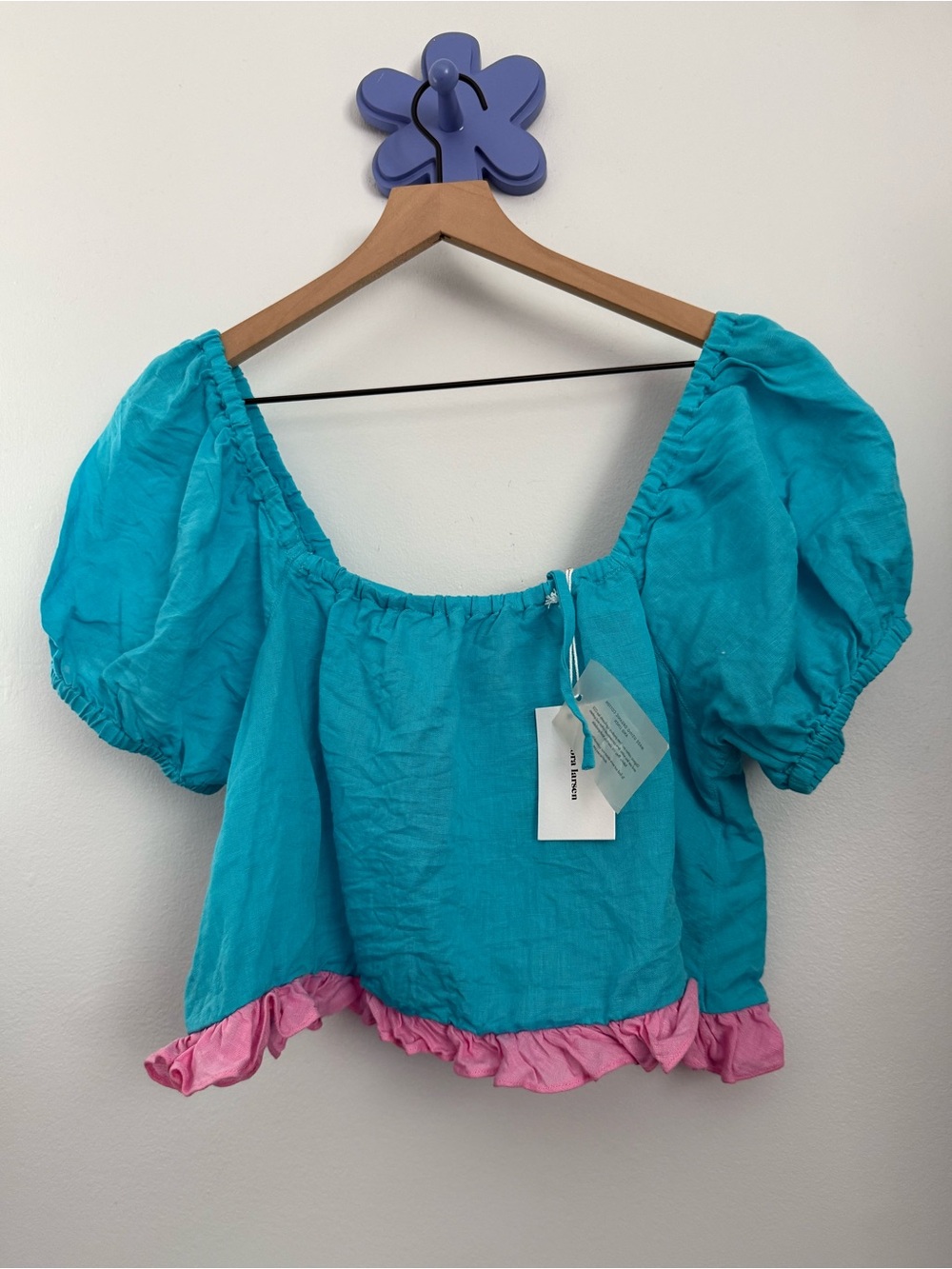 Turquoise Puff-Sleeve Ruffle Crop Top - , Pink Trim